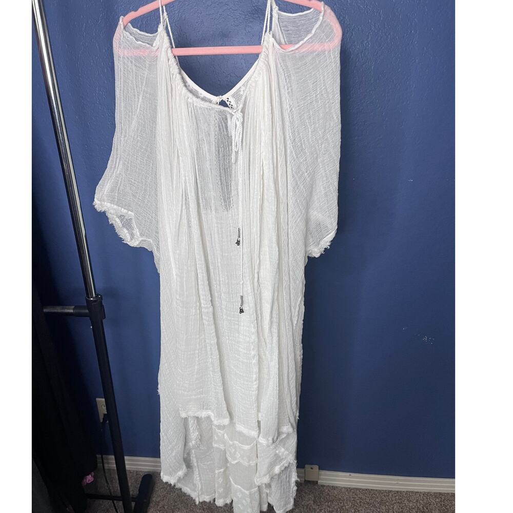 Free People etherial sheer gauze mesh peasant boho hi low dress cold shoulder XS
